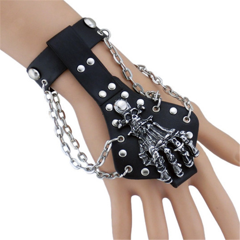 Nachtclub Unisex Gothic Punk Rock Gothic Skeletschedel Hand Handschoen Chain Link Polsband Bangle Lederen Armband Halloween