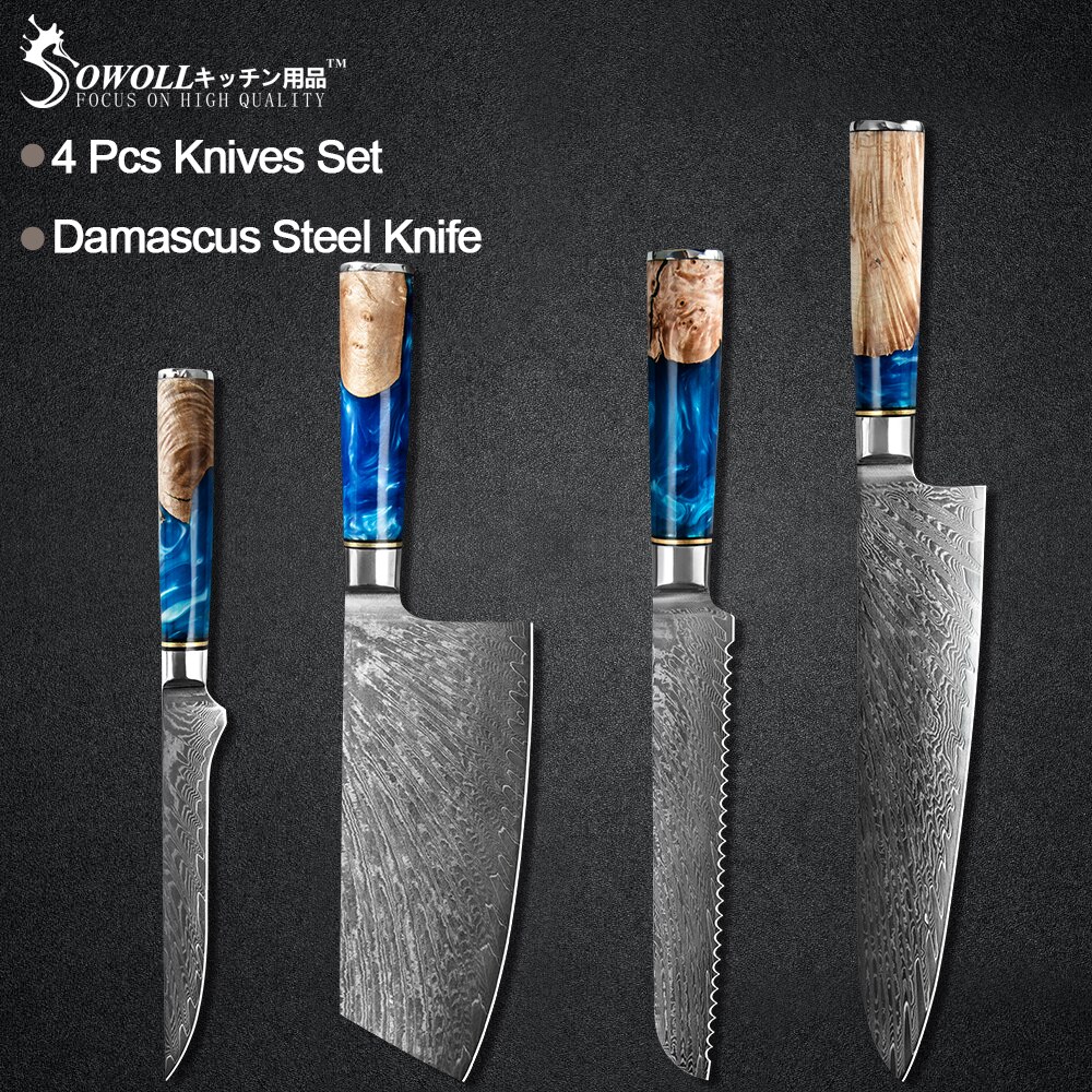 Sowoll 8 stk damaskus stål kokkeknive sæt skarp kniv kniv ægte damaskus knive madlavning køkken gadget værktøjssæt