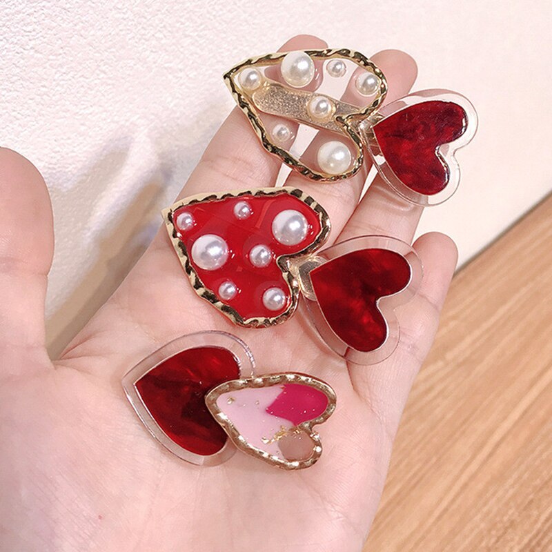 1Pcs Parel Rode Liefde Haarspeld Mode Haarspeld Eendenbek Clip Kant Clip Meisje Pony Clip Hoofdtooi Haarspeld