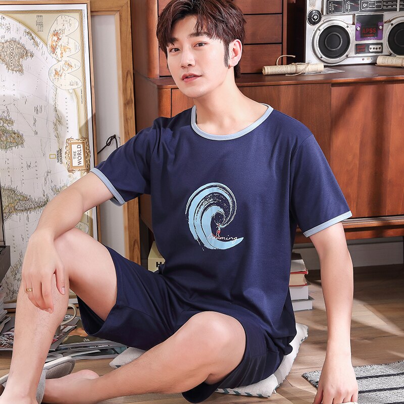 Ensemble pyjama d&#39;été pour hommes, bleu Royal, chemise et Short de nuit, 100% coton, tenue courte, grandes tailles 3XL et 4XL, vêtements de nuit décontractés