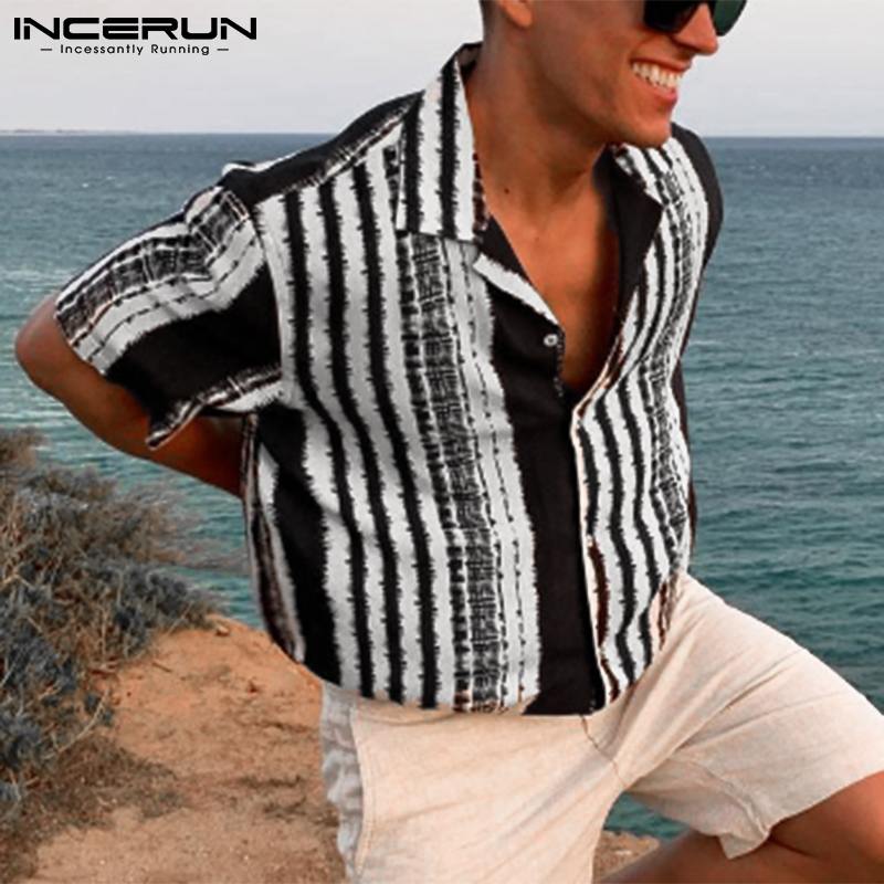 Men Shirt Summer Striped Print Lapel Short Sleeve Breathable Hawaiian Shirts Streetwear Button Casual Camisas INCERUN S-3XL