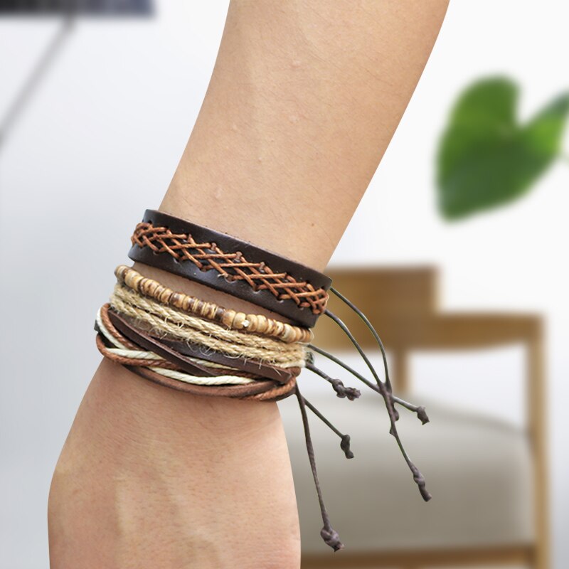 Bracelet en cuir tissé multicouche pour hommes, , fait à la main, réglable, Vintage, bohème,