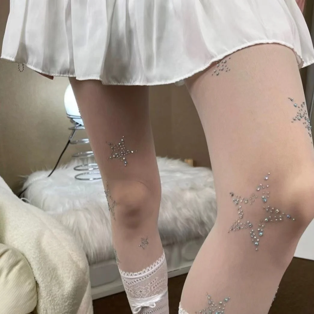 Y2k Star Diamond Rhinestone Fishnet Sexy Women Pantyhose Thigh High Stockings JK Lolita Girls Kawaii Bling Underwear Pantyhose