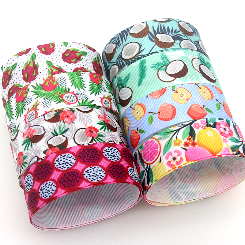 DHK-Cinta de grogrén con estampado de fruta de dragón, Pitaya, coco, manzana, naranja, accesorio para el pelo, lazo para la cabeza, decoración artesanal, 50 yardas, S1640