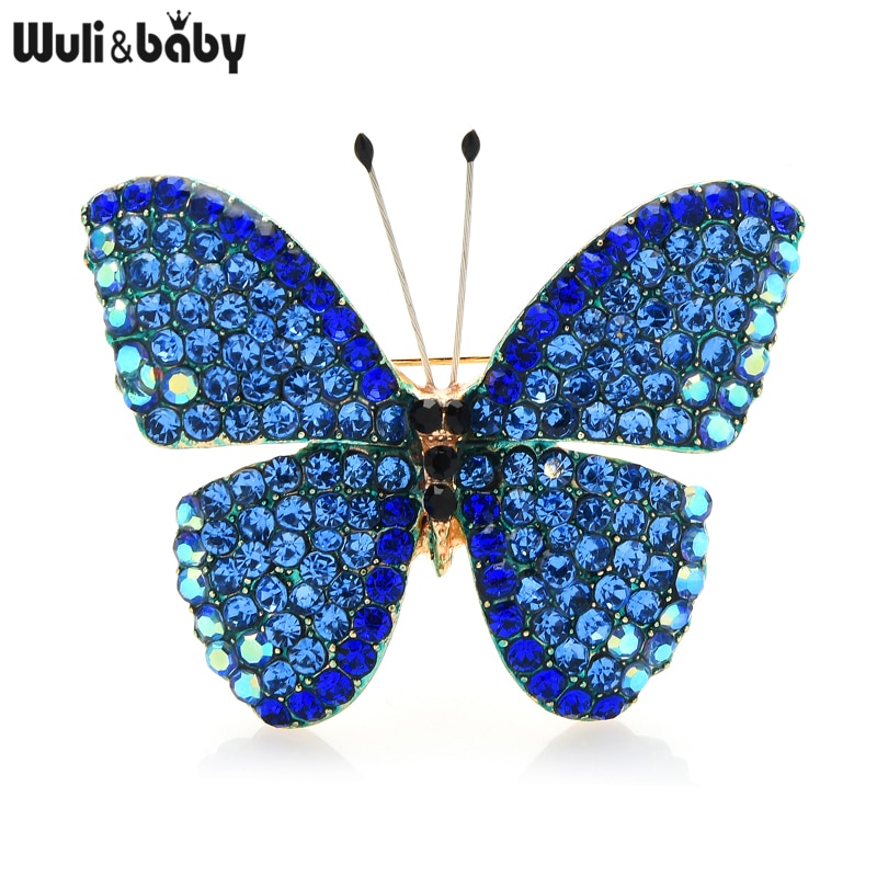 Wuli&amp;baby fuld rhinestone sommerfuglebrocher til kvinder unisex 4- farver insektbryllup kontorbrochenåle: Blå