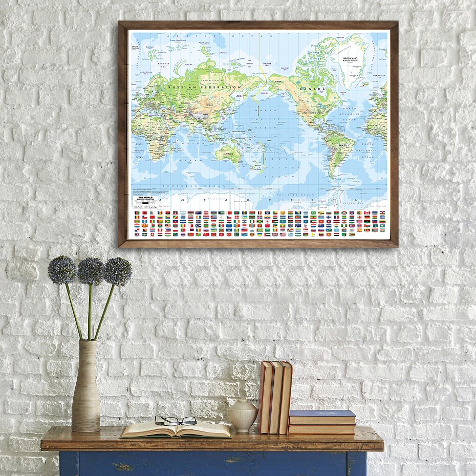 90*90cm The World Orographic Map with National Flags Non-woven Canvas Painting Wall Poster Home Decoration School Supplies