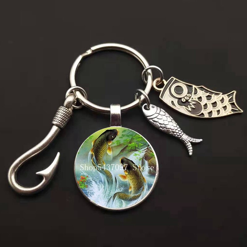 LLavero de maestro de pesca a la , llavero con anzuelo, llavero con cúpula de cristal, llavero de pescador I Love Fishing Fish, llave colgante: Blanco