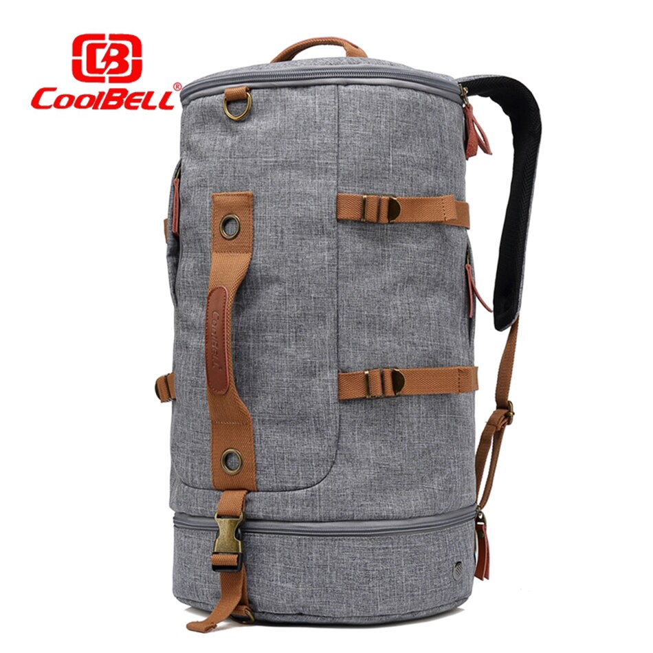 men's backpack round bucket outdoor travel backpack large capacity multi-function outdoor sports backpack: Gray