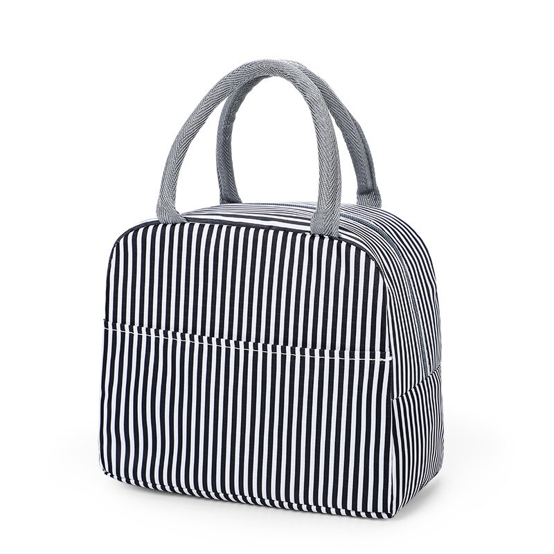 Functional Cute Pattern Lunch Bag Portable Insulated Canvas Cooler Bog Thermal Food Picnic Lunch Bags For Women Kids: Black Stripe