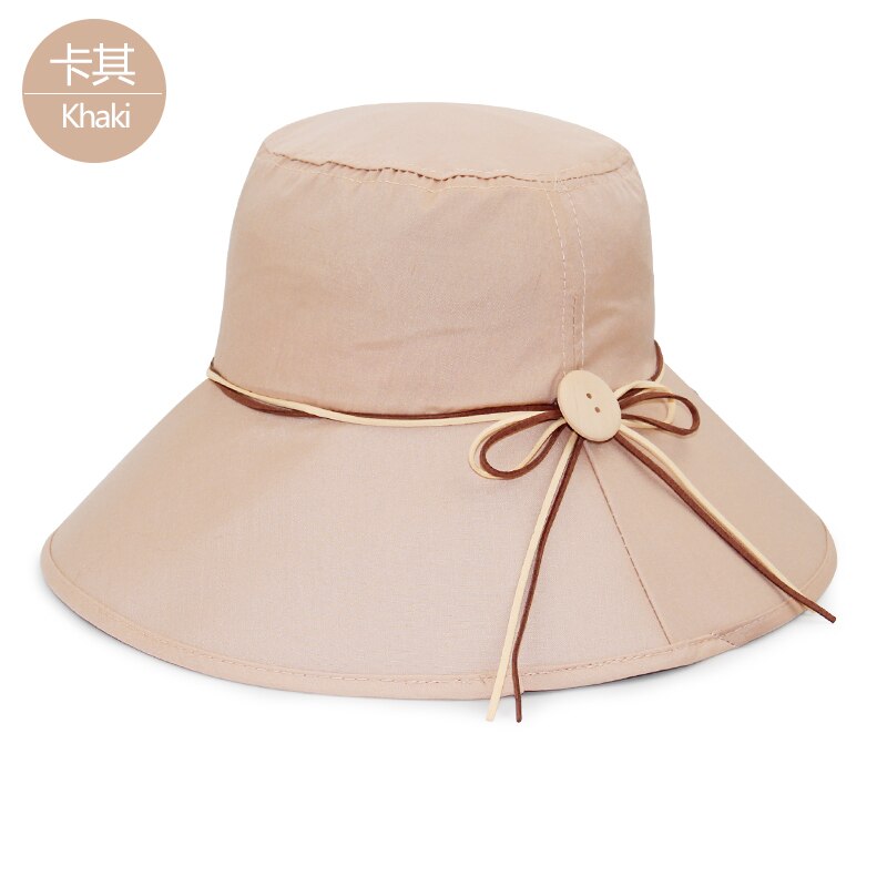 Simple kvinder sommer strand rejse bowknot bred skygge solhat vendbar foldbar kasket pigehat: Khaki