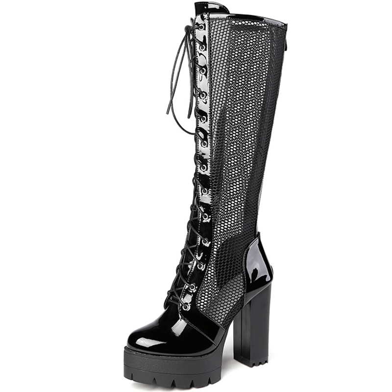 Women Spring Leahter Hollow Out Spliced Boots