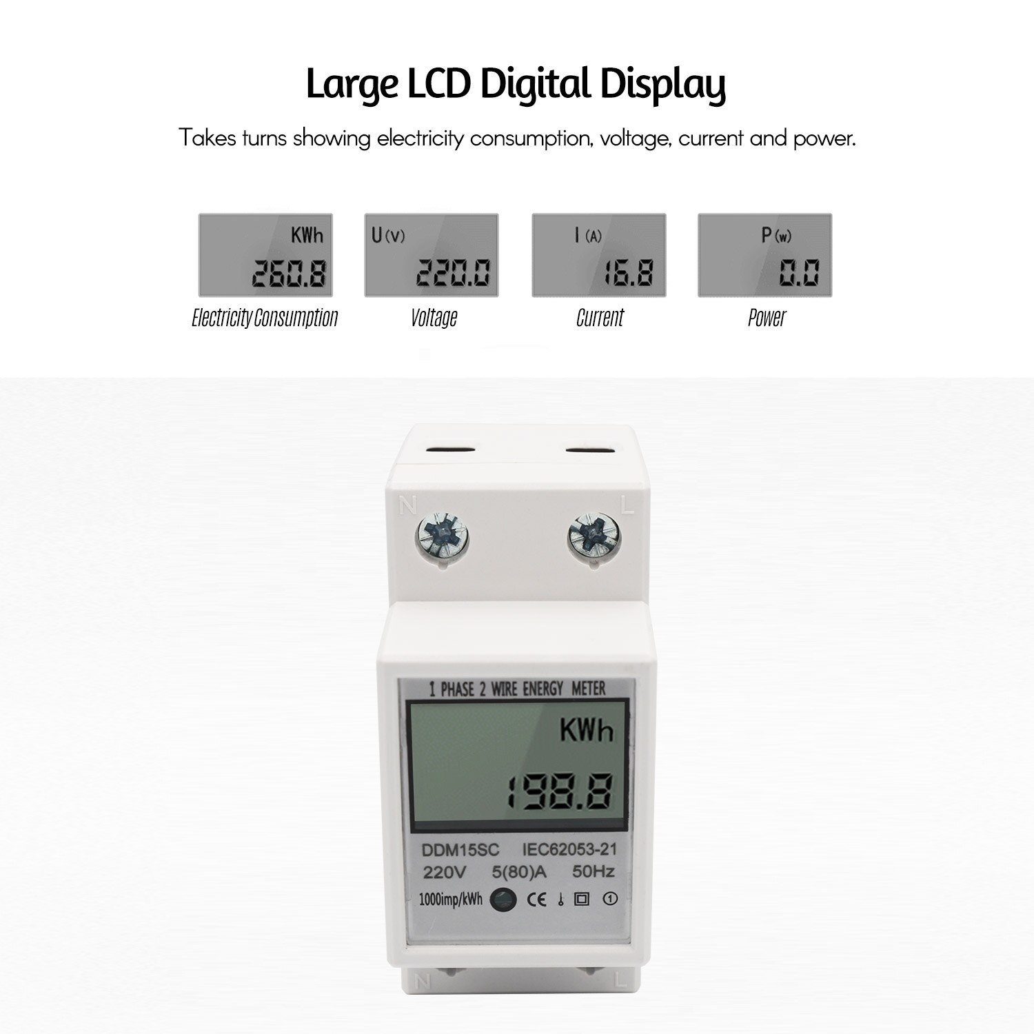 Ddm 15sc lcd digital display enfaset din-rail energimåler 5-80a 220v 50hz elektronisk kwh meter strømforbrugsmonitor