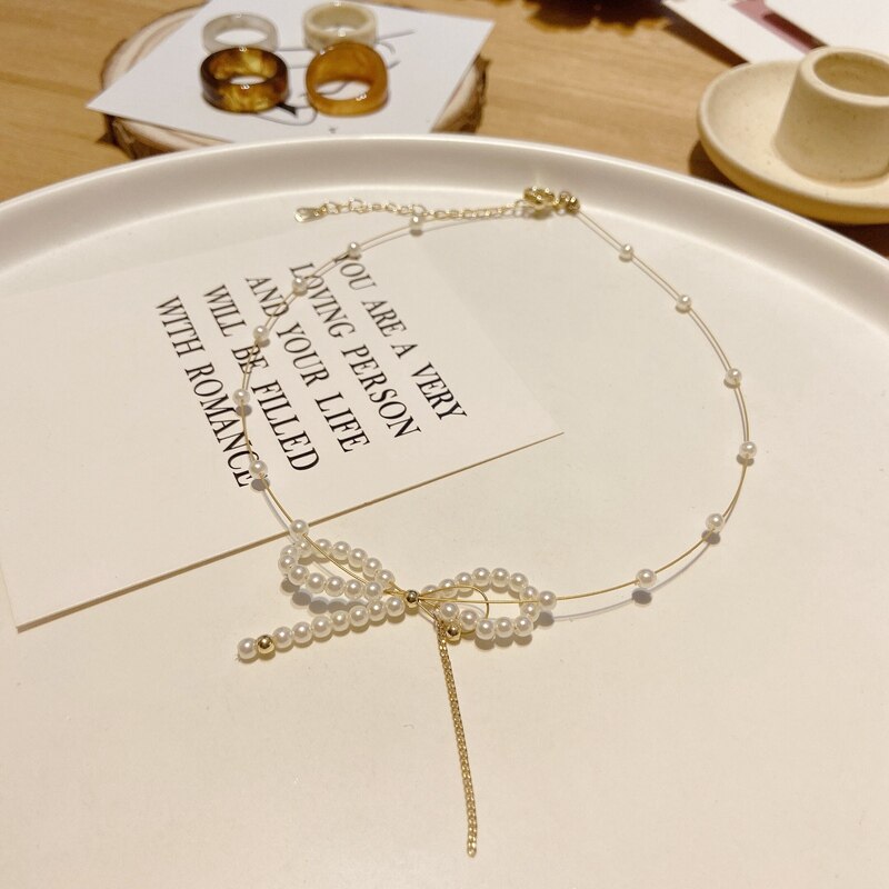 MENGJIQIAO Koreanische Elegante Nette Perle Bowknot Halsband Schmuck Für Frauen Mädchen Fasshion Hochzeit Kette Halskette Schmuckstück Colares