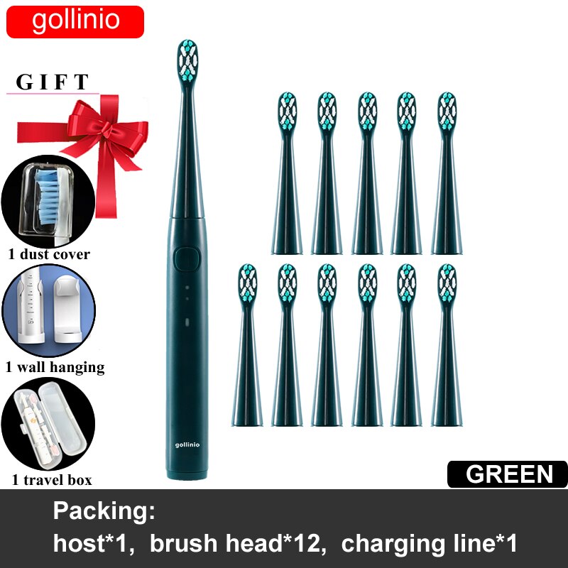gollinio Electric Toothbrush usb fast charging GL56E smart electr toothbrush prodent Rechargeable Replacement Head: GL56GREEN12H-HB