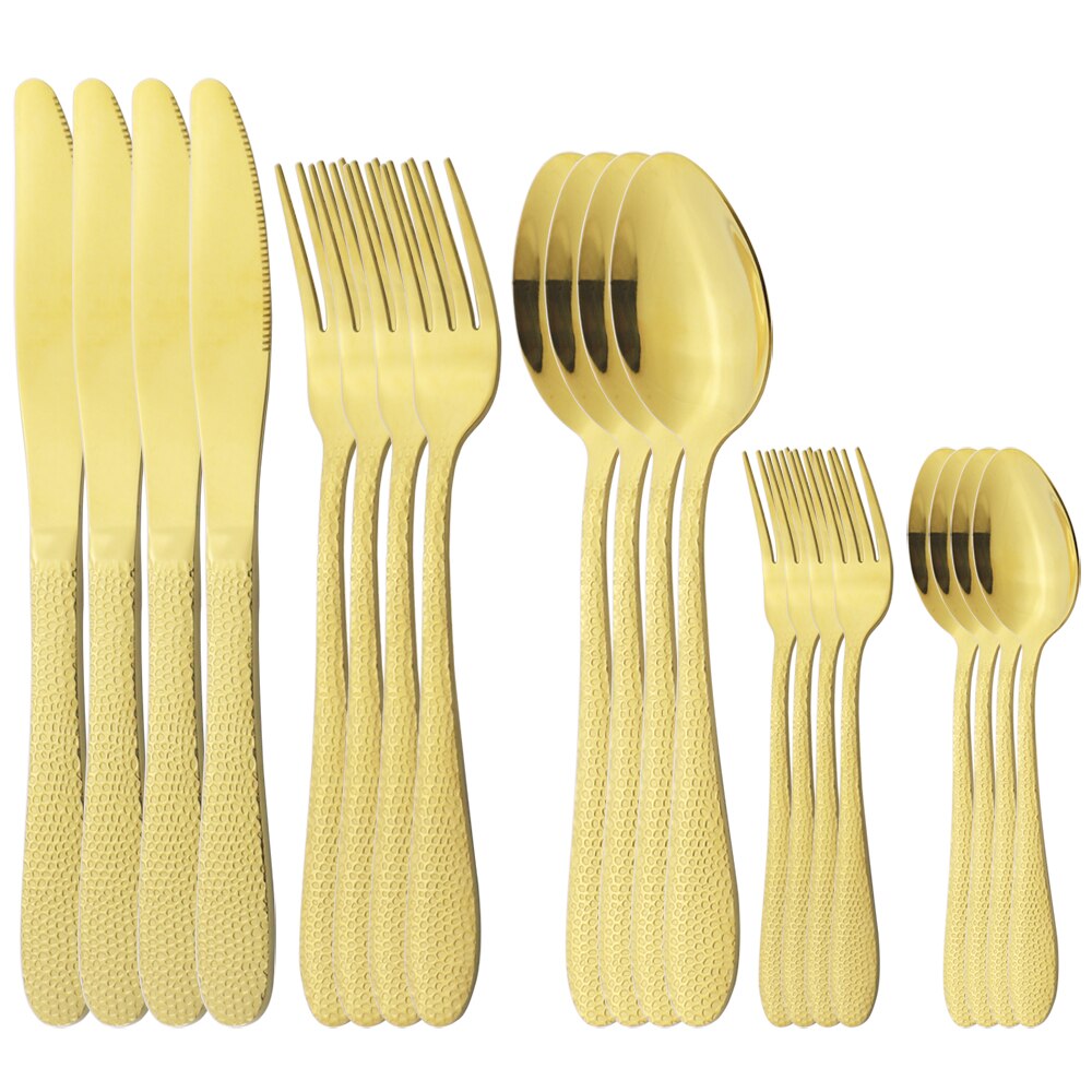 20Pcs Blue Flatware Dinnerware Set Knives Dessert Forks Spoons Cutlery Set Stainless Steel Tableware Home Kitchen Silverware Set: Gold