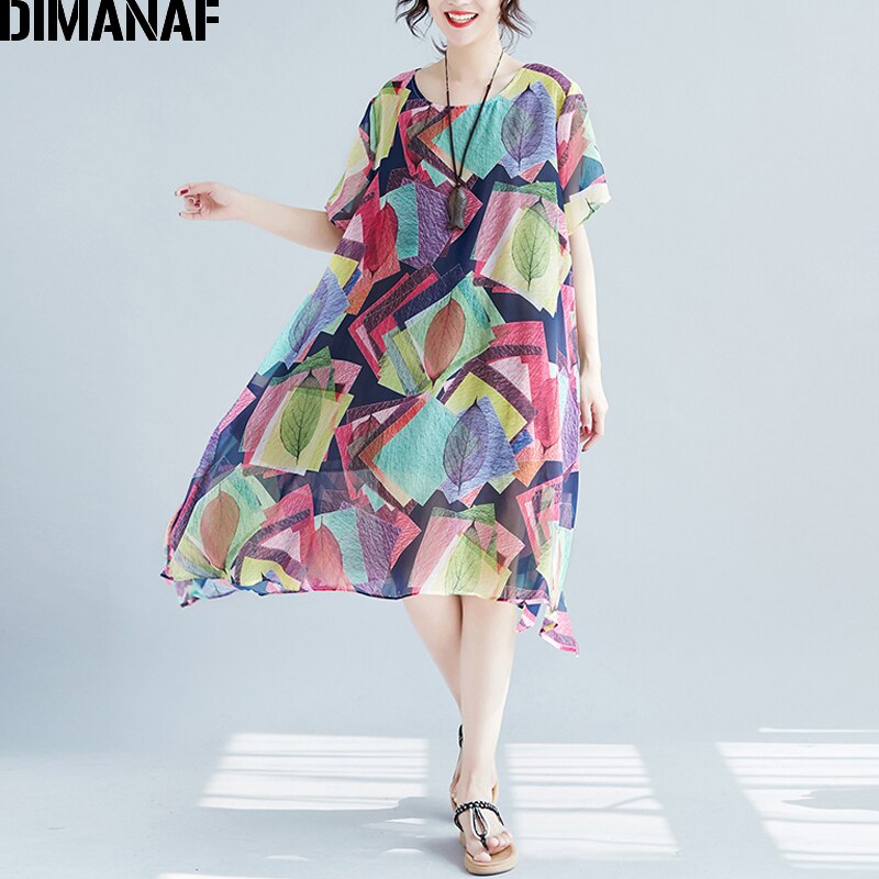 DIMANAF Women Dress Summer Plus Big Size Chiffon Hawaiian Lady Vestidos Print Panelled Female Casual Beach Sundress