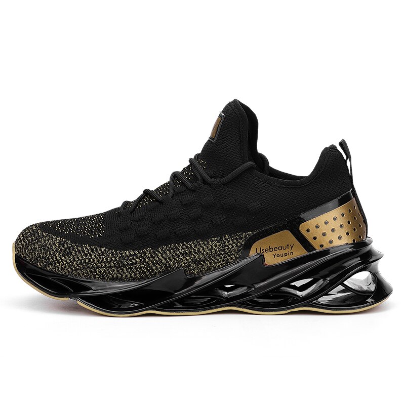 zapatillas de deporte de malla zapatos transpirables para hombre, zapatos de deporte para hombre, con cordones, antideslizantes, para caminar, talla grande 46: A1901 Black Gold / 6,5