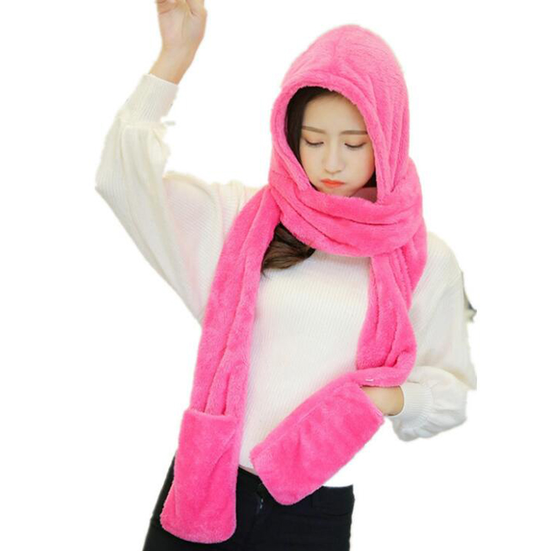 3 in 1 Women Winter Hood Scarf Hat Glove Set Warm Soft Snood Pocket Hooded Srarves Women Scarf Hat Glove For Girl