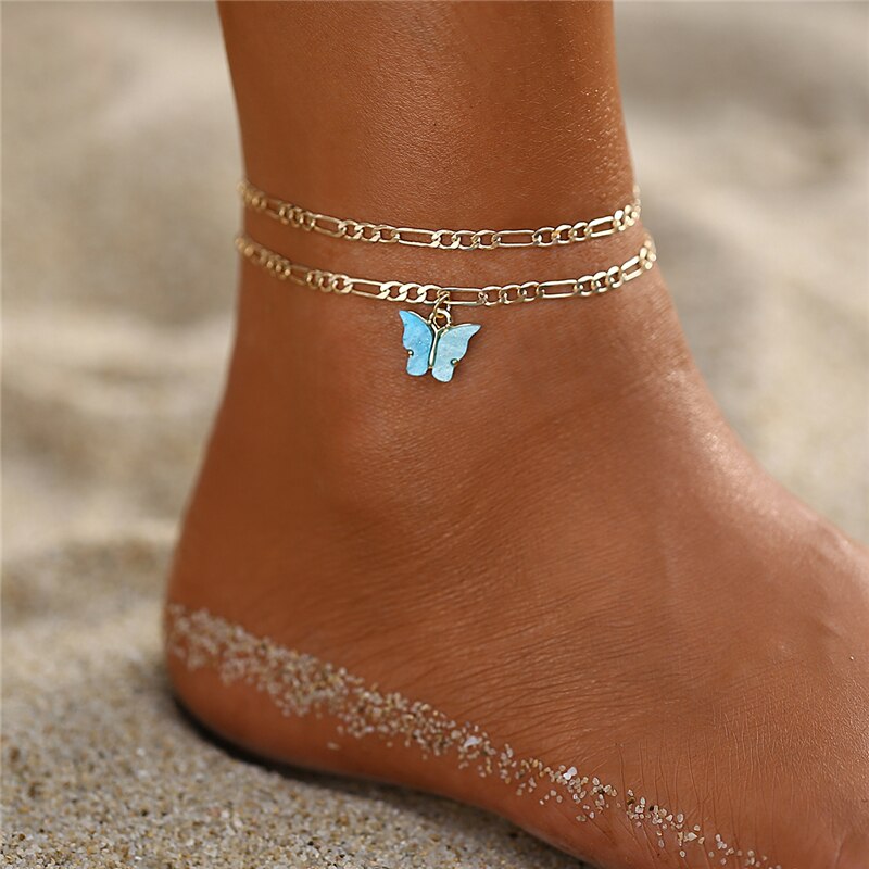 Bracelet de cheville papillon bohémien pour femmes, Vintage, bijou de cheville, avec perles à pompon, fait à la main, perle, pour pied: 5134501 blue