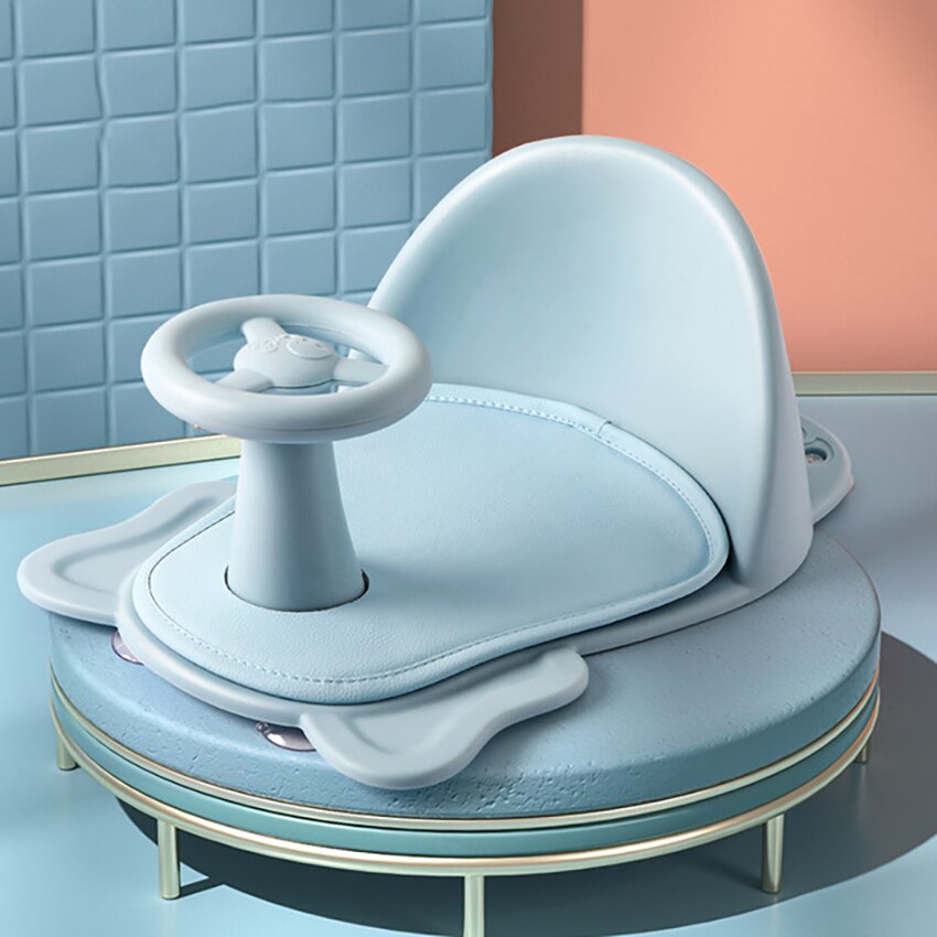 Skridsikker babybadmåtter multifunktionel foldbar babybadestol med ryglæn , 4 sugekopper børnesæde til hjemmebadekar: Blå