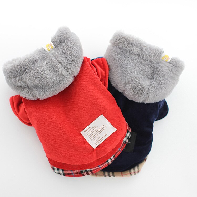 Ropa de perro de dos pies de color rojo y azul con sombrero otoño e invierno, gorro de terciopelo para cachorros, abrigos acolchados de algodón para Perros, peros Acesorios