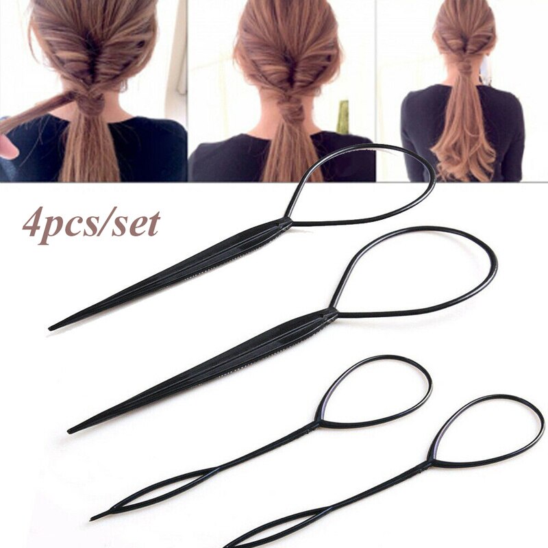 Extracteur de cheveux noir, 4 pièces, outils de coiffure, queue de cheval, créateur de cheveux bouclés de mariée, accessoires en boucle en plastique