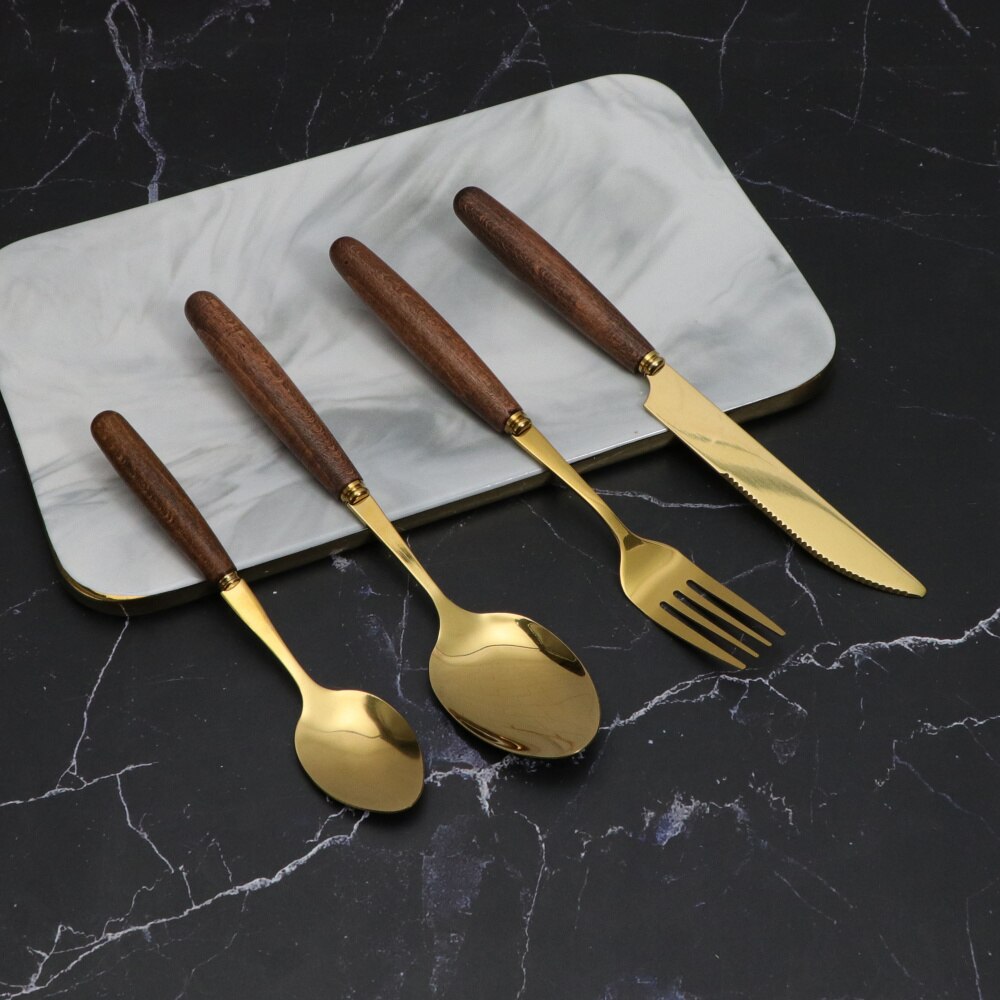 Jaswehome Flatware Cutlery Set Durable Stainless Steel Tableware Wooden Handle Gold Dinnerware Spoons And Forks Set 4-24-pieces