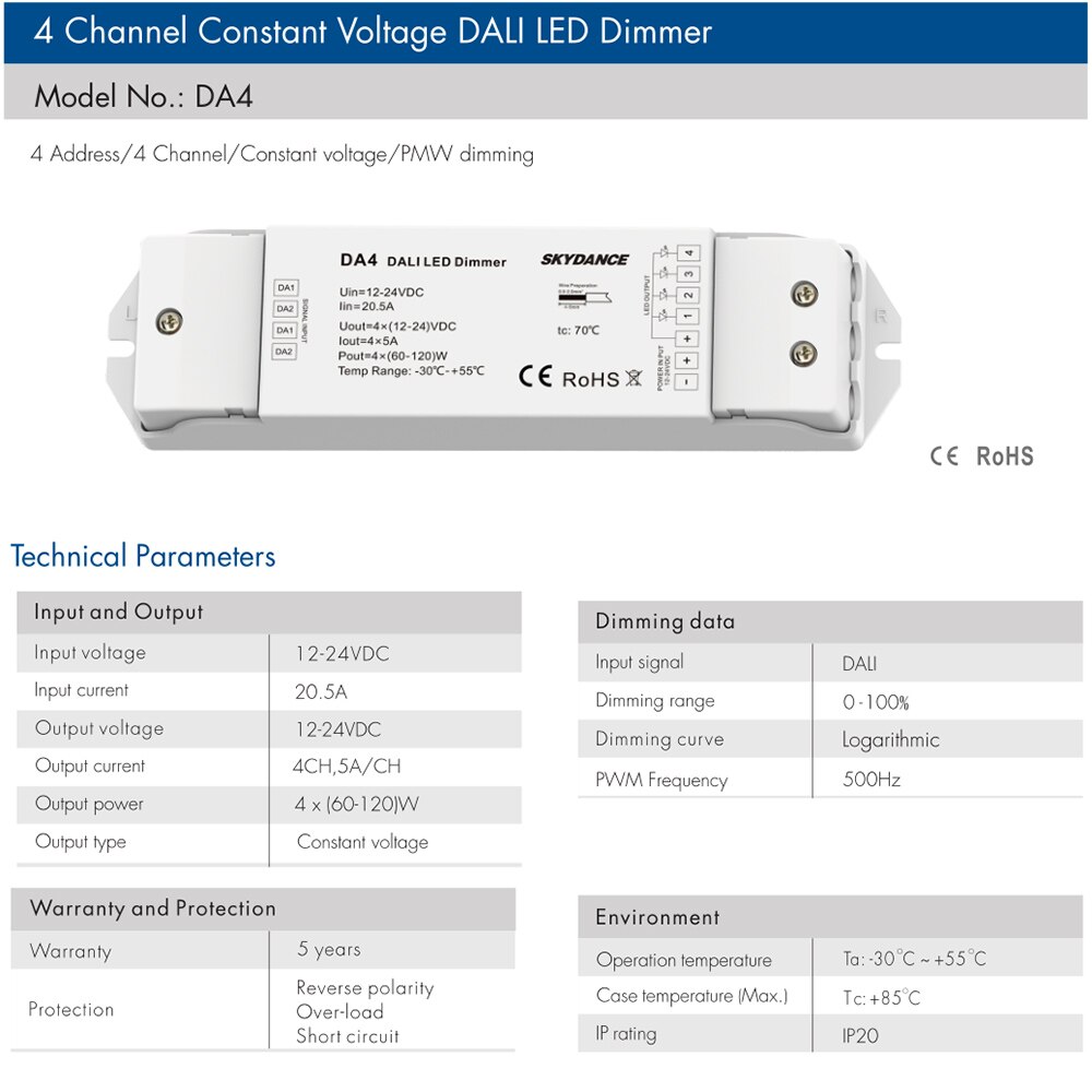 Dali LED Dimmer 12V 24V DC 4CH 20A 240W 480W Constant Voltage Dimmming Driver LED Strip Light 4 Channel Dimmers Controller DA4