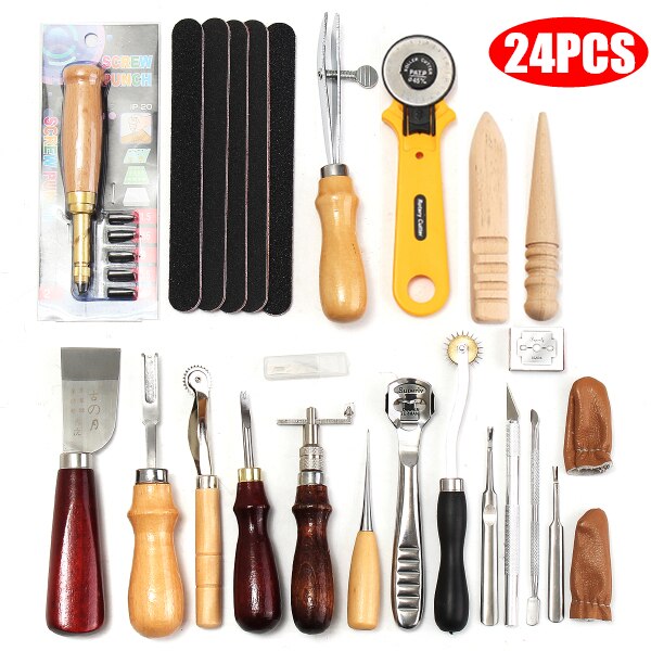 Leather Craft Tools Kit Home Hand Sewing Stitching Punch Carving Work Saddle Leathercraft Accessories: 24 Pcs