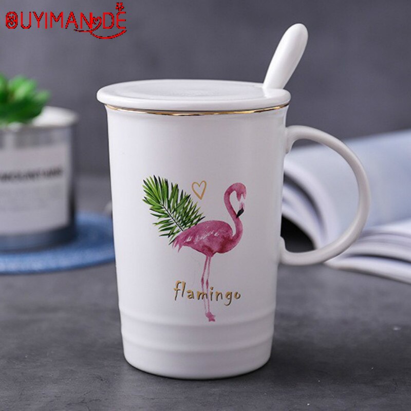 Tegneserie flamingo keramik kop nordisk stil guld kaffekop med låg med ske krus simpel kontor kaffe mælkekop