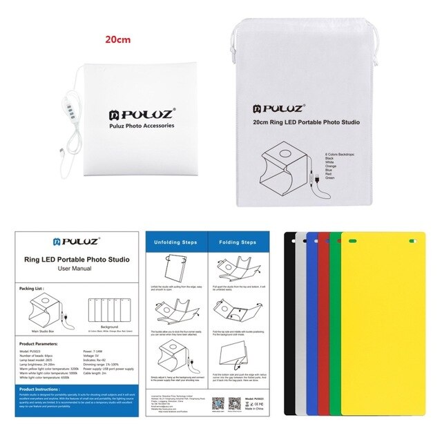 Puluz 20/30cm lightbox mini opvouwbare fotostudio box fotografie led 30cm lightbox studio opnametent kit & 6 kleuren achtergronden: 20cm
