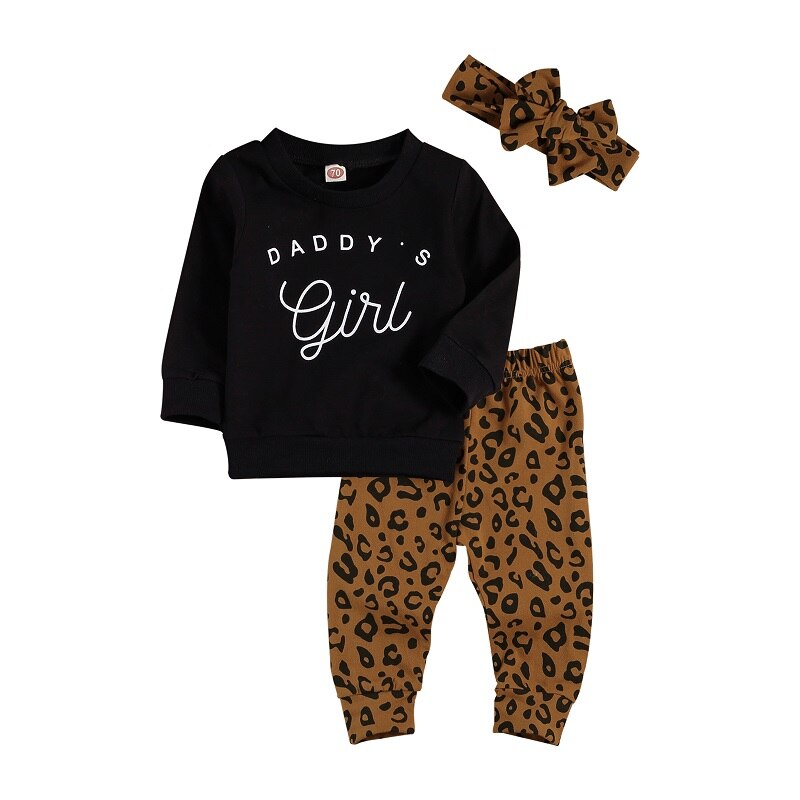 Spædbarn børn baby piger 3 stk outfit sæt langærmet brev t-shirt leopard bukser pandebånd forår efterår tøj: Sort / 18m