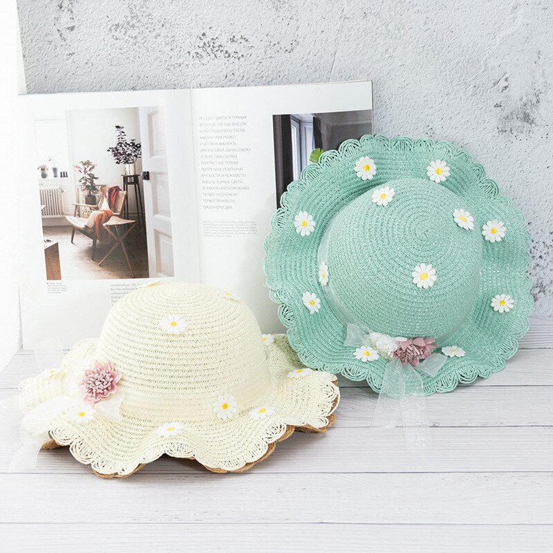 Los niños chica listón con flores sombrero hongo de paja sombreros de Sol para niños de primavera y verano con volantes con ala playa gorra para el sol sombreros