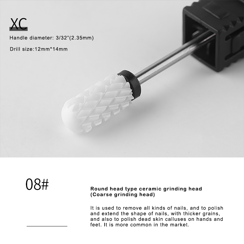 Broca limpiadora de uñas de cerámica blanca, taladro de uñas (arena: mediana), 3/32 ", tamaño de vástago, para limpieza de cutículas, seguridad: 08