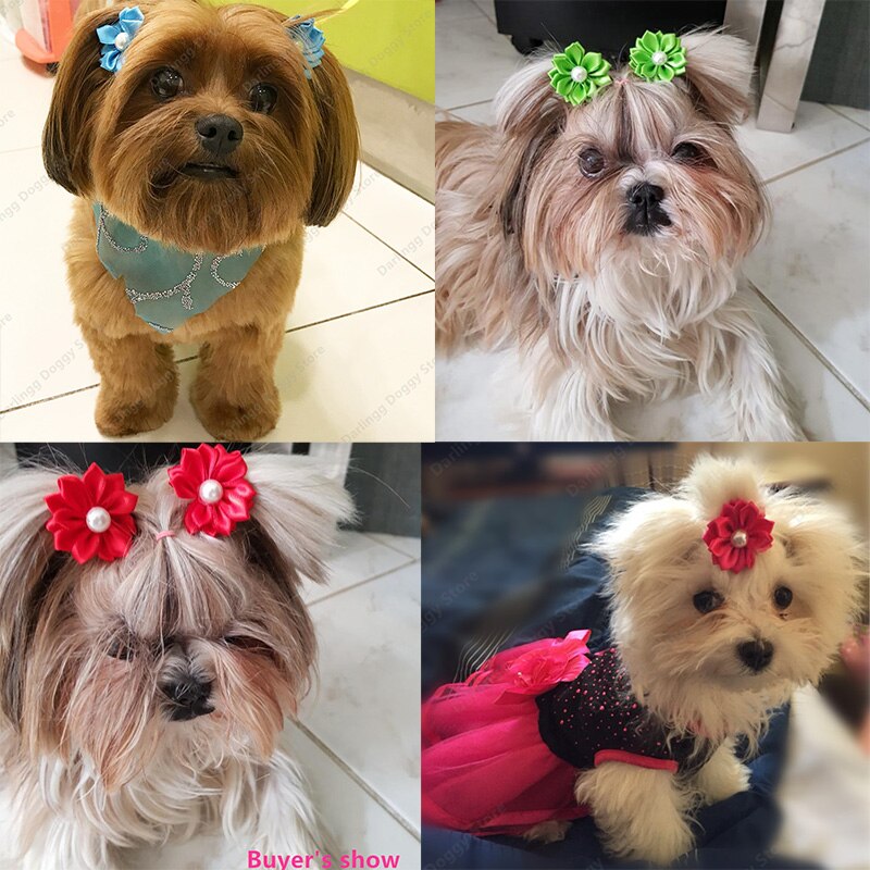 Lazos para el pelo de perros y gatos con flores, bonitos lazos para el pelo para perros, bodas, fiestas, vacaciones, accesorios diarios, lazos de aseo para mascotas con bandas de goma, 100 Uds.