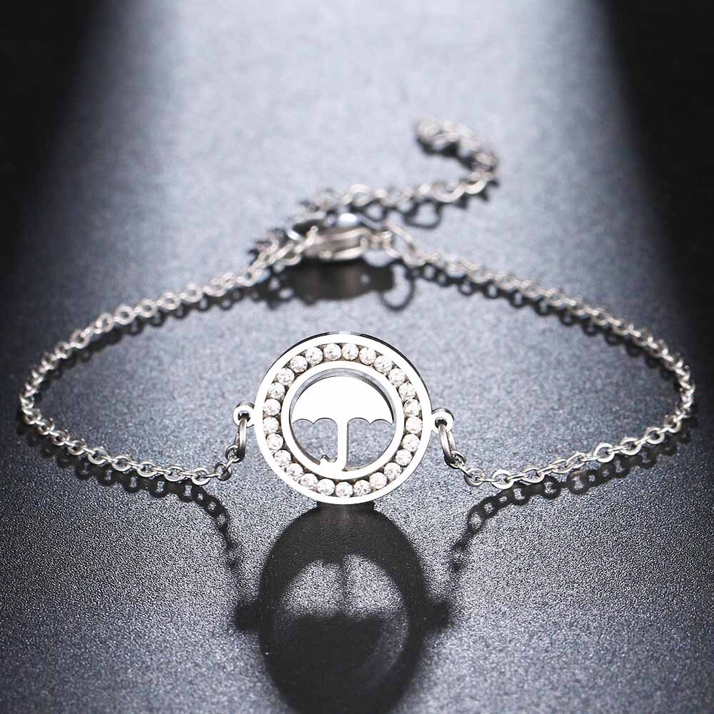CACANA 316L Stainless Steel For Women Crystal Bracelet Simple Umbrella Round Bracelets Gold Color Engagement Jewelry: Silver Color