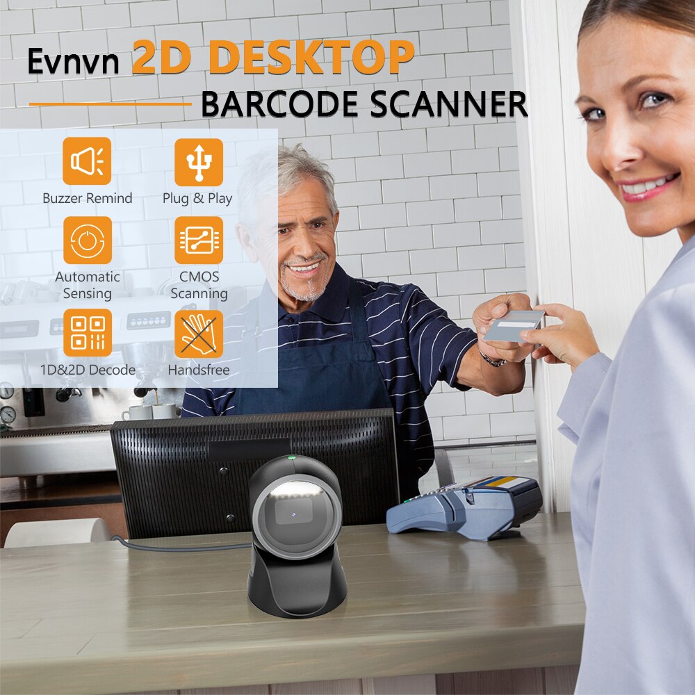 Evnvn 1D 2D Barcode Scanner Automatic Sensing Scanning Hands-Free USB wired Barcode Reader for POS PC Mall Retail Store Library