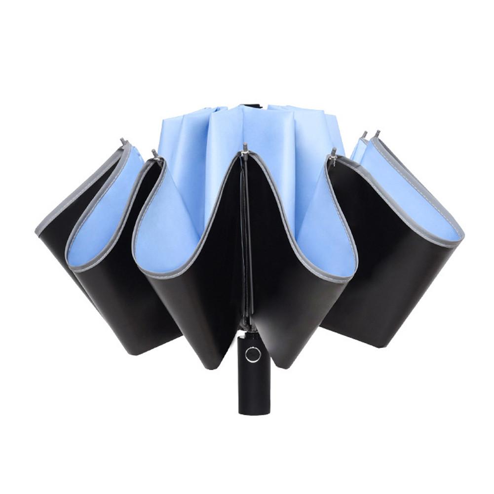 Omvendt paraply vindtæt anti-uv automatisk foldning omvendt paraply nat reflekterende strip auto reverse paraply: Blå farve