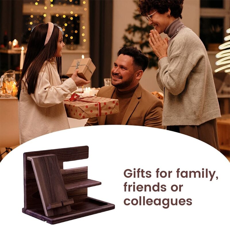 Wooden Phone Holder Docking Station Wallet Stand Watches Purse Glasses Key Desk Display Organizer Bedside Nightstand