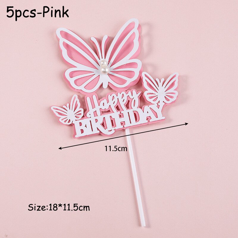 12 Stuks Vlinder Gelukkige Verjaardag Cake Topper Party Wedding Decor Cake Insert Vlag Verjaardag Topper Diy Bakken Cake Decorating Gereedschap: 5pcs-Pink