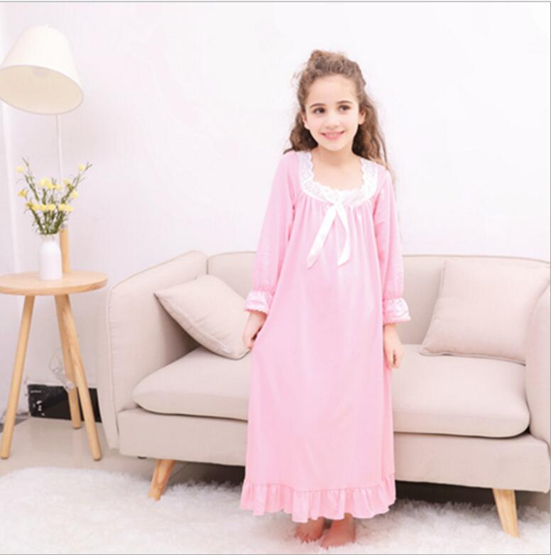 Camisón de algodón para niñas otoño blanco rosa lazo niñas camisón de manga larga niños ropa de cómodo ropa de casa
