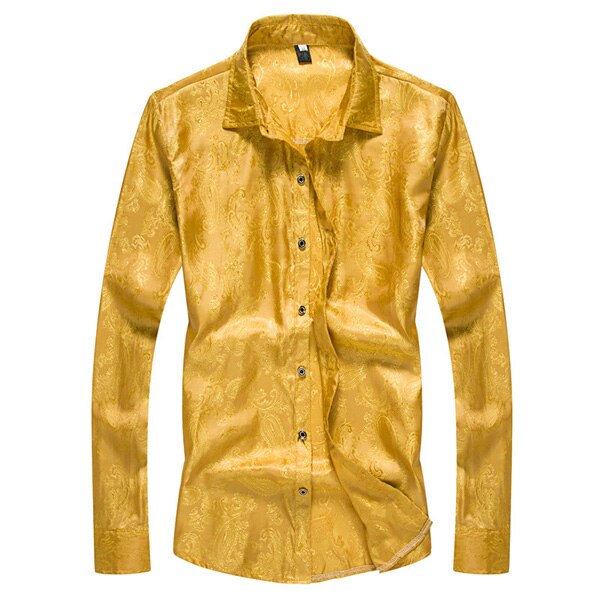 Purple Paisley Floral Shirt Men Autumn Slim Fit Gold Foil Printed Silk Shirt Male Casual Party Perform Chemise Homme: Yellow / XL