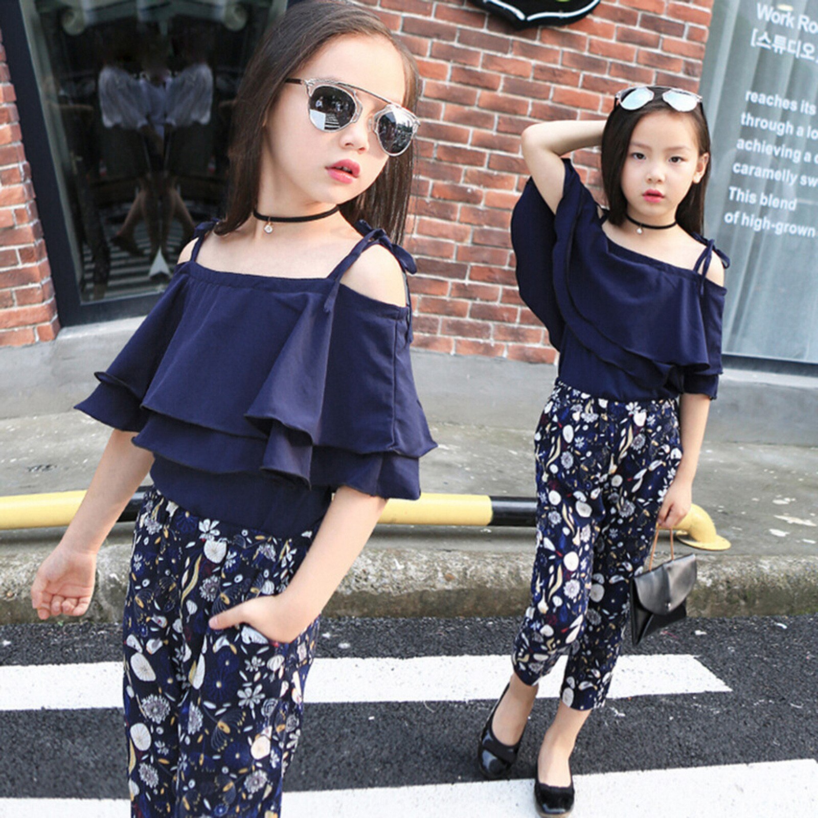 Moda bambini ragazza abbigliamento estate spalla aperta Sling Ruffle T-Shirt top + pantaloni floreali Set elegante per abiti da ragazza grande adolescente