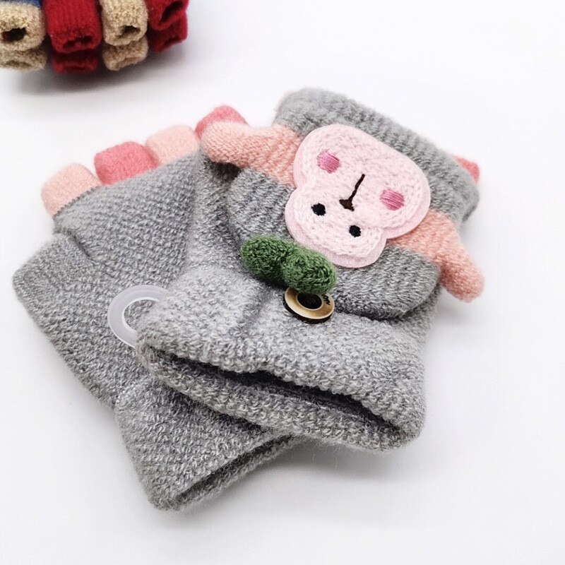 Winter Warm Child Kids Girl Boy Thick Fur Knit Gloves Neck String Mittens Children'S Woolen Monkey Gloves: Gray