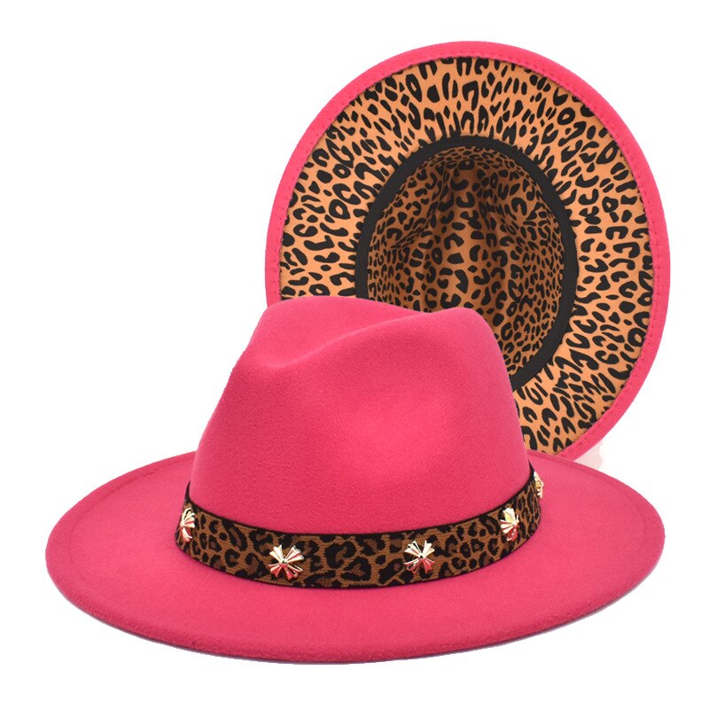 Pink leopard-print fedora hat women's two-colo... – Grandado display picture 3