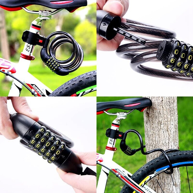 5-Digit Bike Lock Cable Lock with Mount Bracket, Anti-Theft Coiling Cable Lock Combination for Bicycle,1200mmx12mm