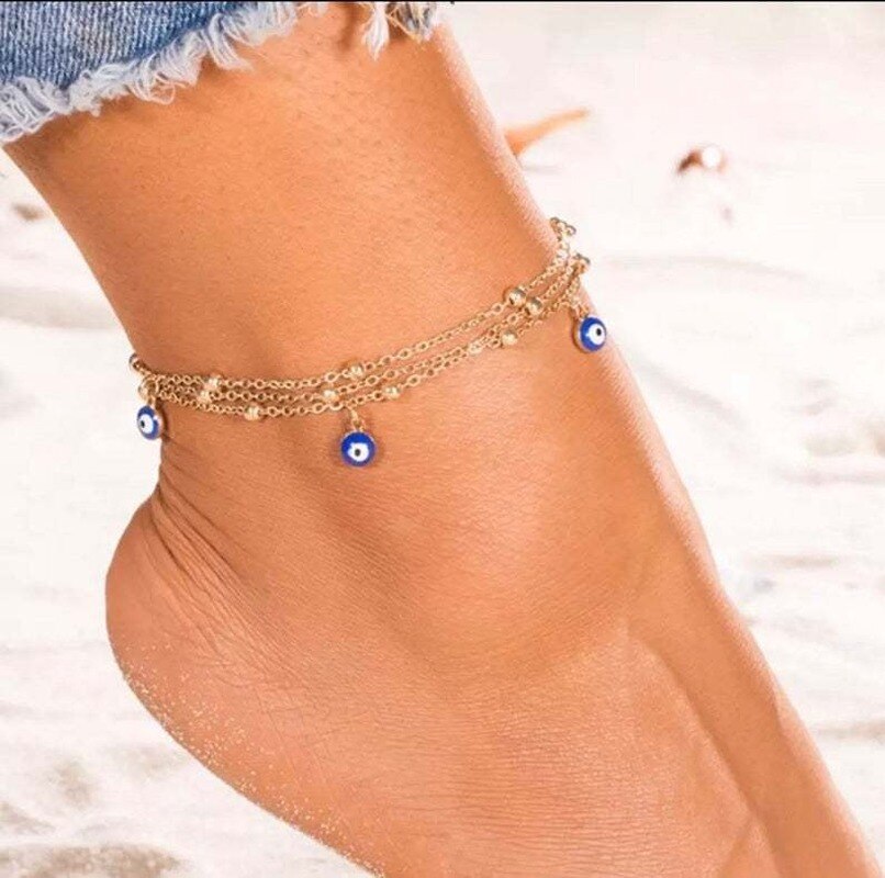 Lucky Eye Blue Turkish Eye Anklet Gold Silver Color Foot Chain Ankle Bracelet Adjustable for Women Girls Jewelry