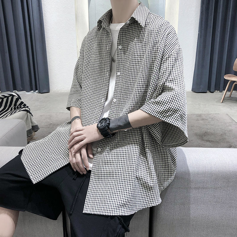 Summer Plaid Shirt Men's Retro Casual Shirt Men Streetwear Korean Loose Short-sleeved Shirt Mens Dress Shirt S-2XL