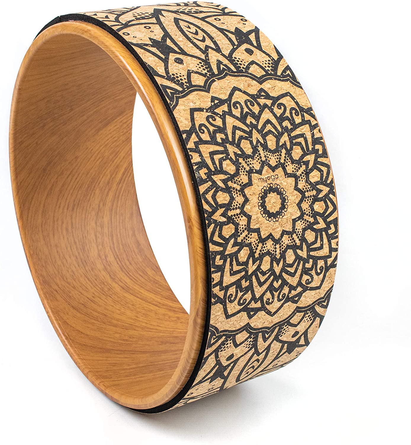 Cork Yoga Wheel for Yoga Poses and Backbends Inversions - Natural Cork with Wood-Effect and Mandala Print