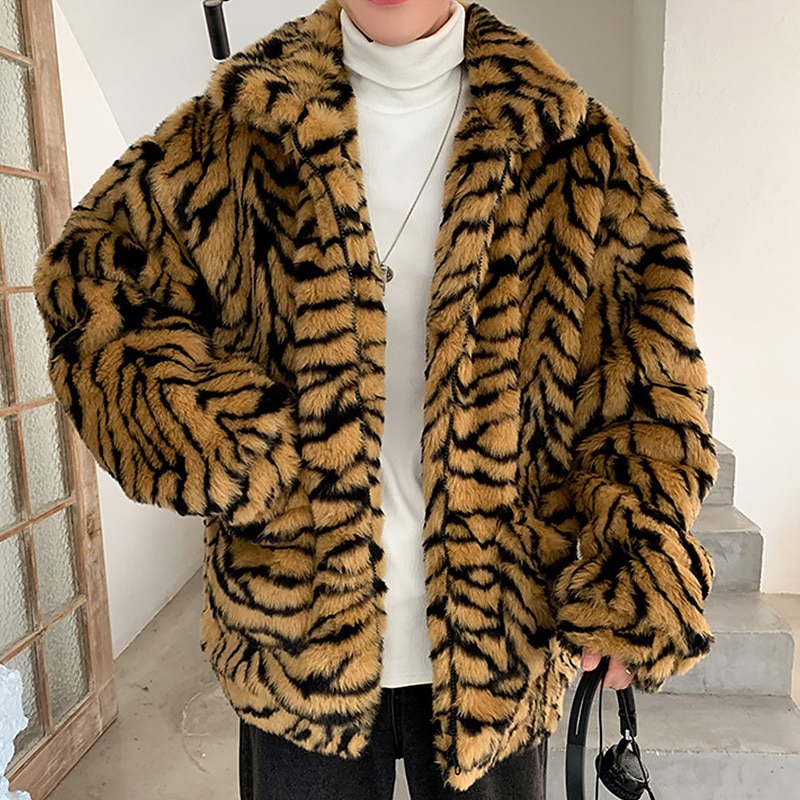 Chaquetas de Parkas gruesas con rayas de leopardo para hombre, abrigo de invierno de piel sintética para hombre, Bolsillos de solapa con cremallera, ropa de abrigo